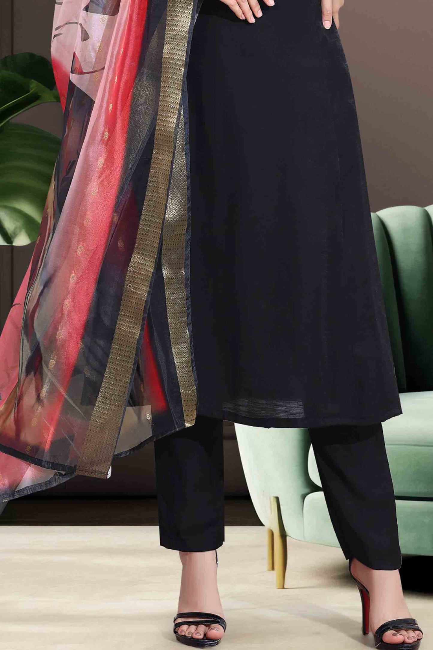 Elegant Black Kurti Set with Designer Red Dupatta
