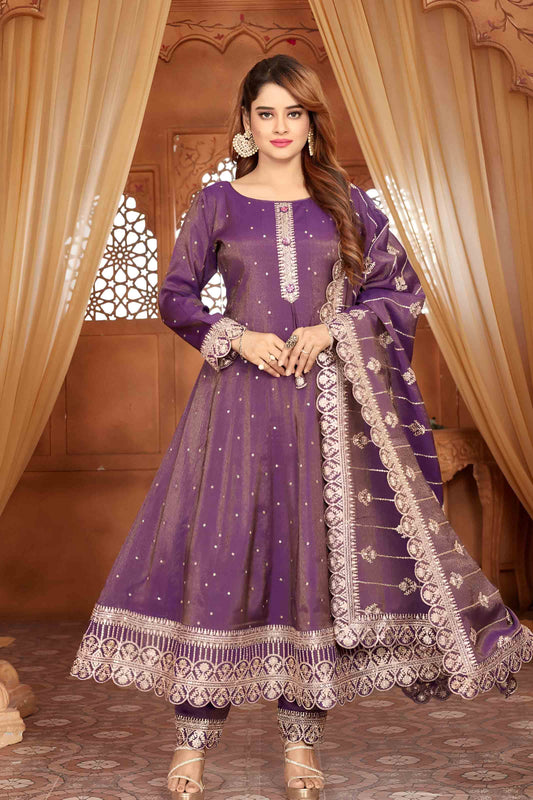Purple Embroidered Anarkali Suit with Rich Dupatta