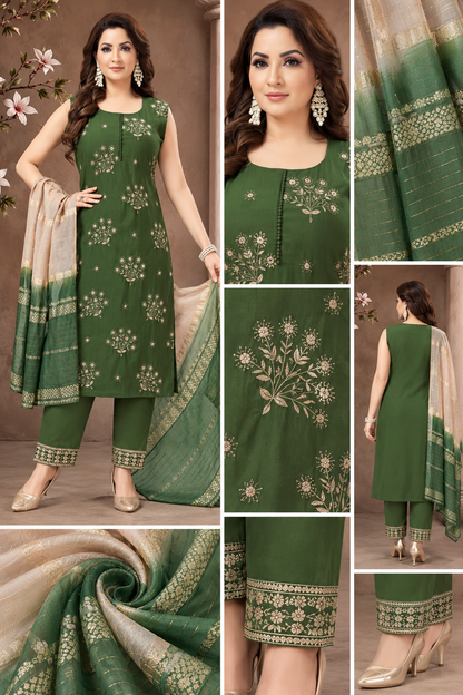 Olive Green Printed Suit Set