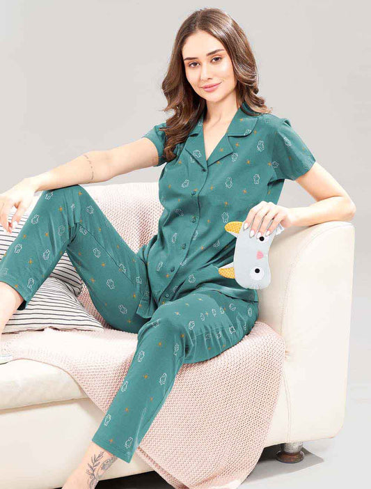 Women's Teal Printed Hosiery Night Suit