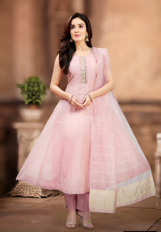 Pink Embroidered Flared Suit Set with Dupatta