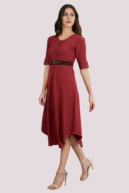 Maroon Solid Fit & Flare Midi Dress with Belt