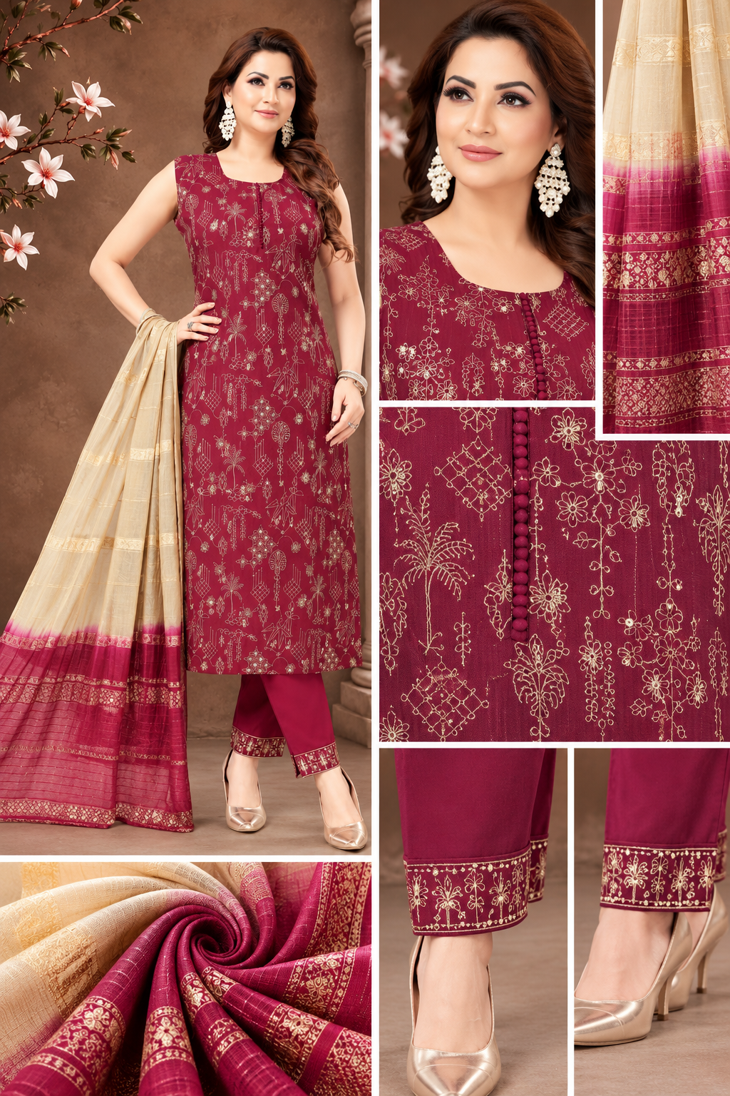 Maroon Printed Suit Set