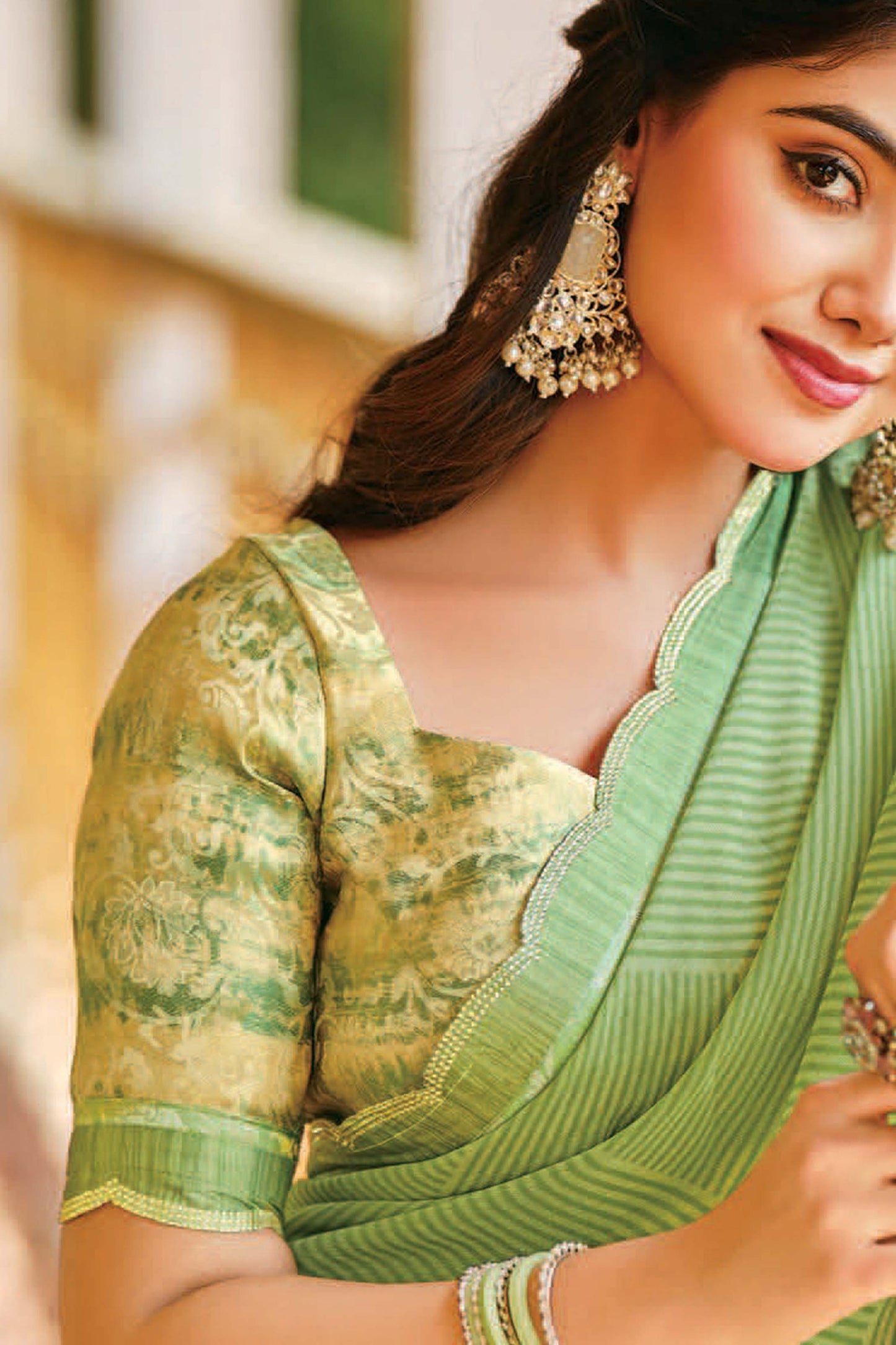 Parrot Green Printed Georgette Saree
