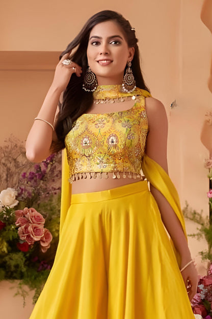 Bright Yellow Mirror Embroidered Crop Top with Russian Palazzo Set