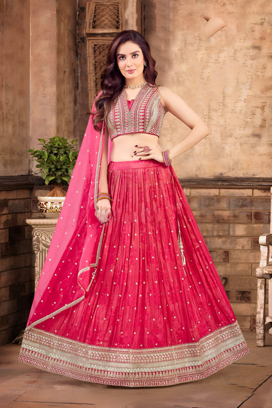 Rani Pink Embroidered Georgette Lehenga Choli