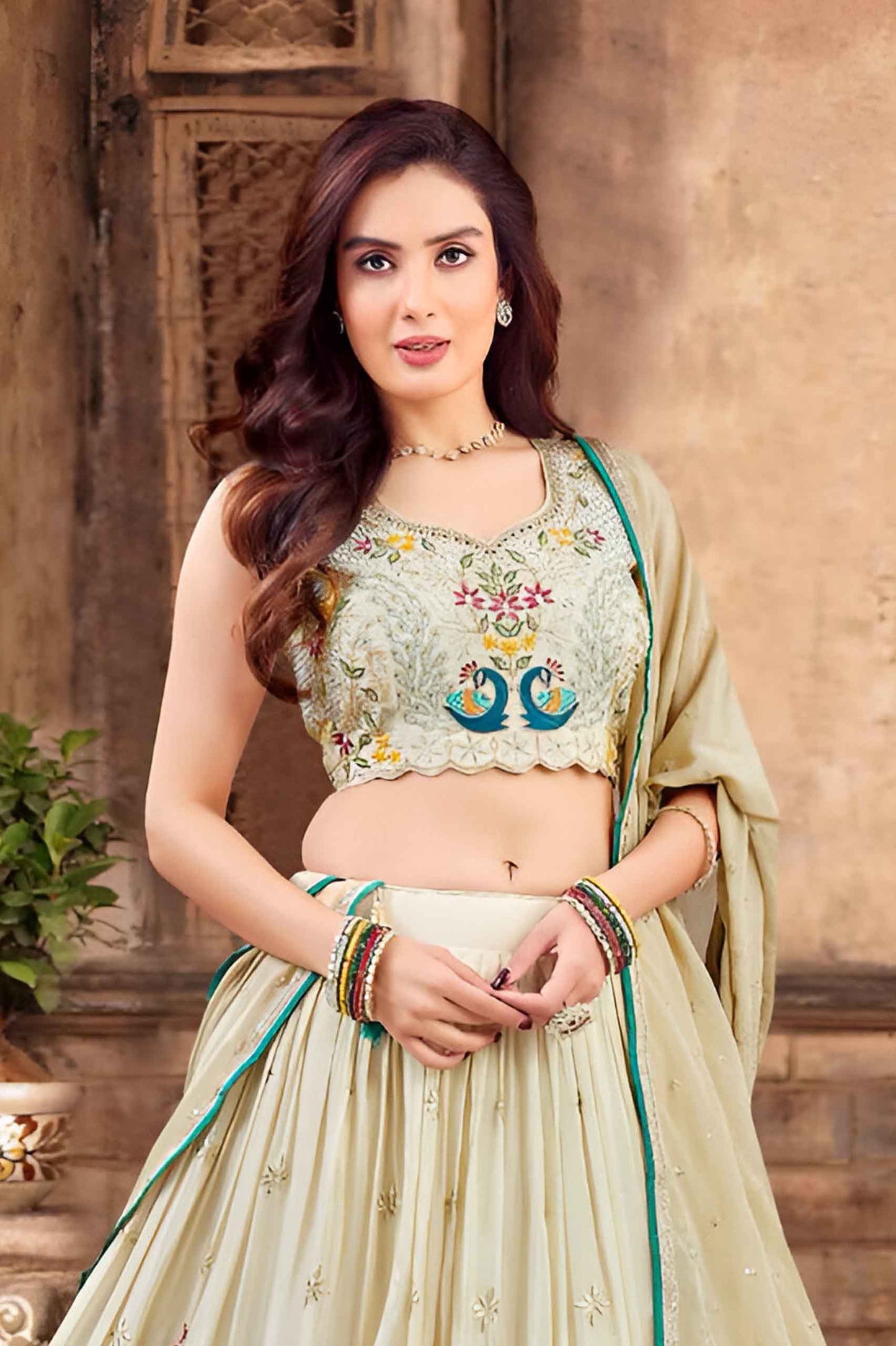 Pastel Beige Printed Lehenga Choli with Peacock & Deer Motif Embroidery