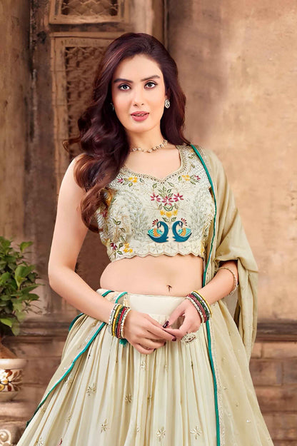 Pastel Beige Printed Lehenga Choli with Peacock & Deer Motif Embroidery
