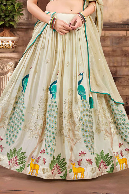 Pastel Beige Printed Lehenga Choli with Peacock & Deer Motif Embroidery