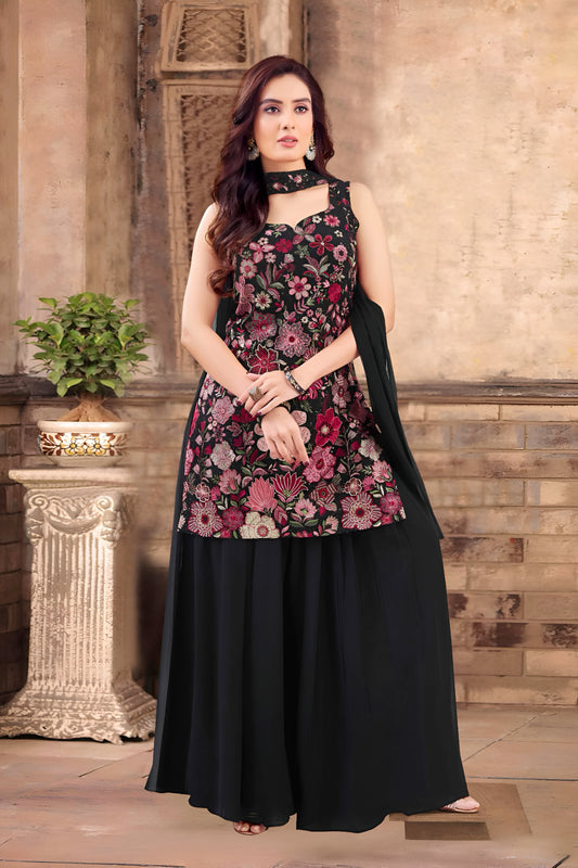 Black Embroidered Palazzo Suit with Attached Dupatta
