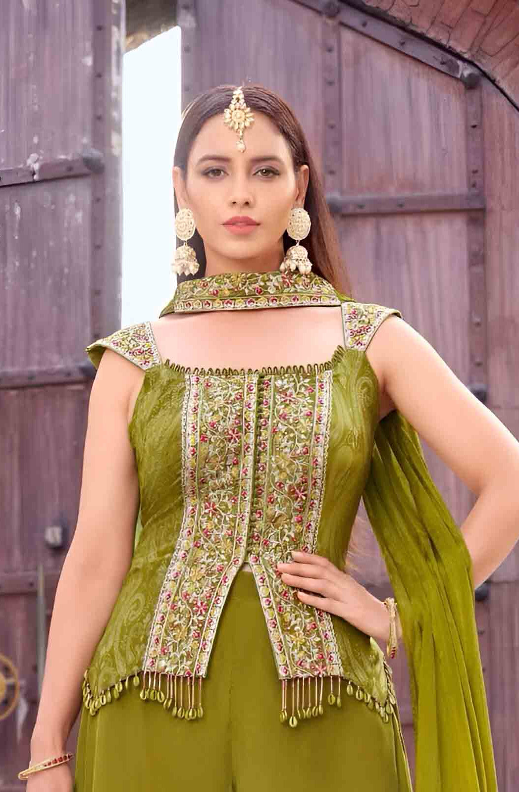 Olive Green Indo-Western Peplum Suit with Embroidered Kurti & Palazzo