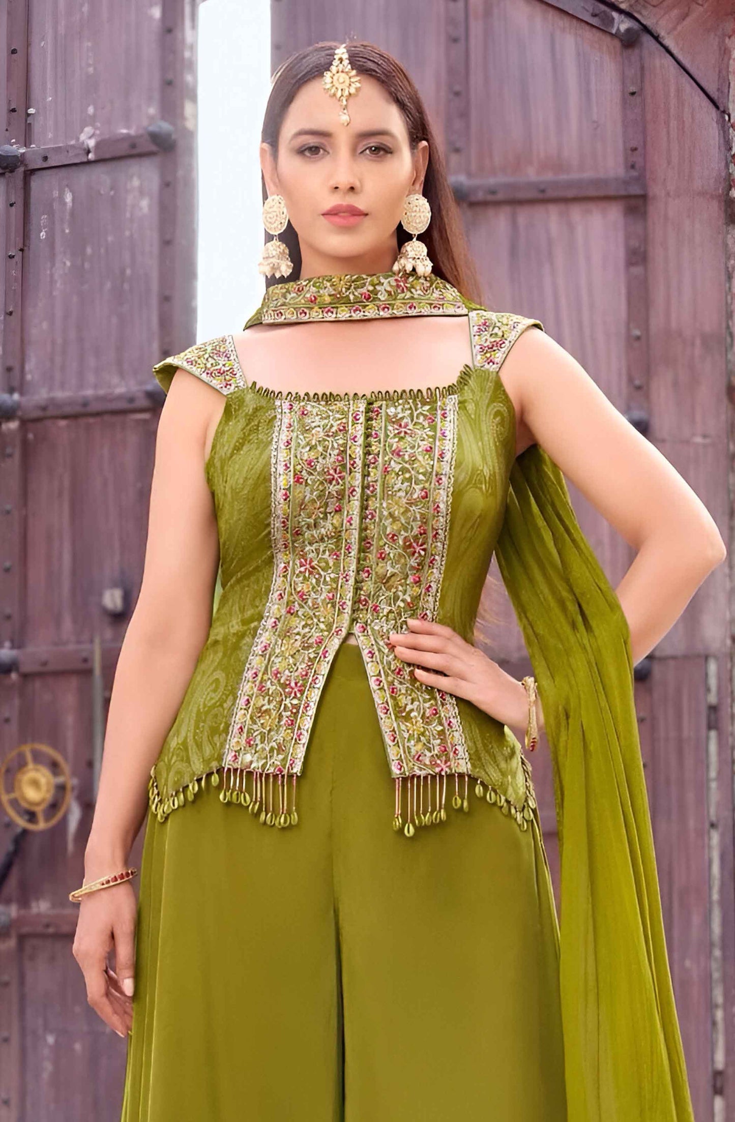 Olive Green Indo-Western Peplum Suit with Embroidered Kurti & Palazzo