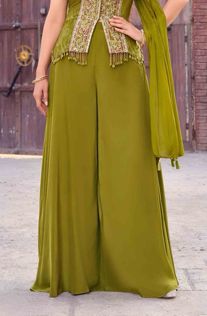 Olive Green Indo-Western Peplum Suit with Embroidered Kurti & Palazzo
