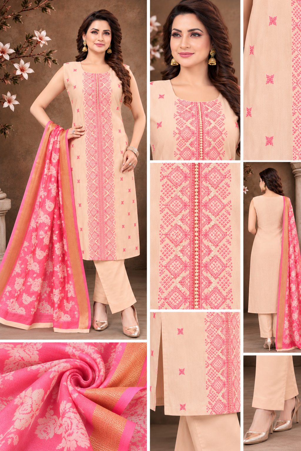 Peach Pink Embroidered Suit Set