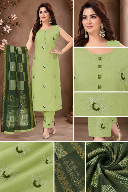 Beautiful Pista Green Embroidered Suit Set
