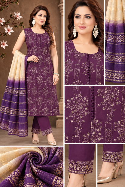 Elegant Plum Floral Printed Suit Set