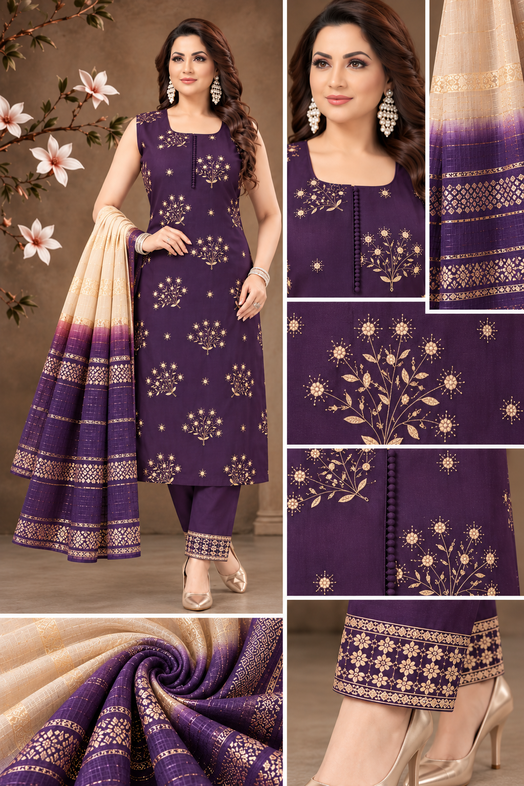 Elegant Purple Printed Suit Set