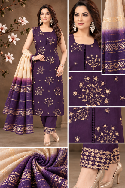 Elegant Purple Printed Suit Set