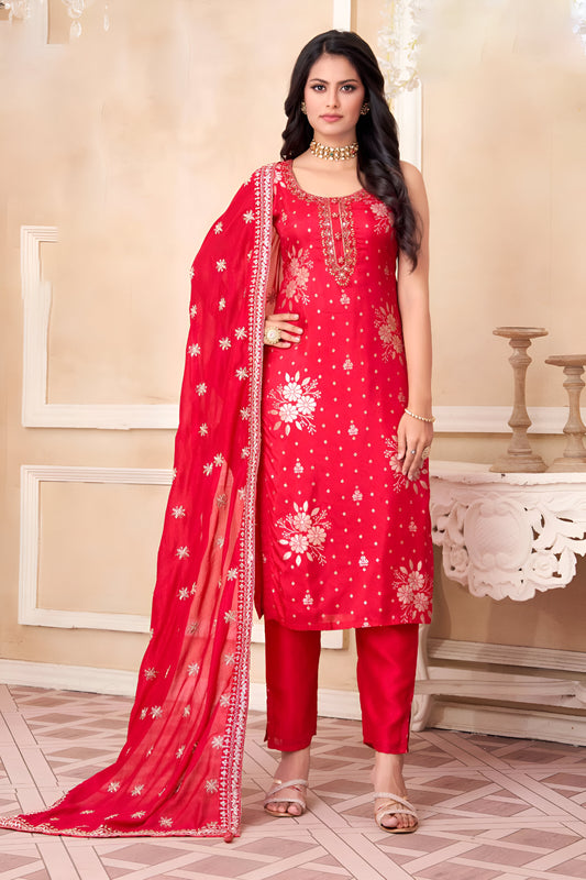 Red Embroidered Suit with Dupatta.