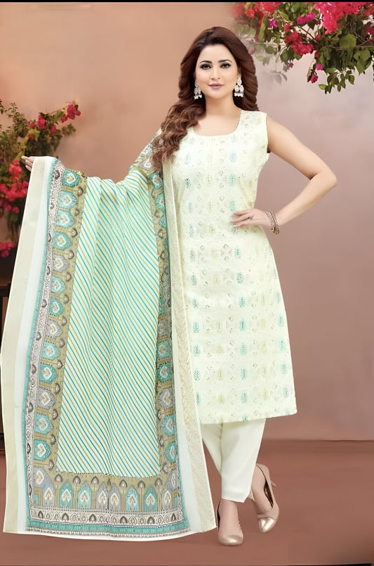 Off-White Printed Suit with Striped Dupatta.