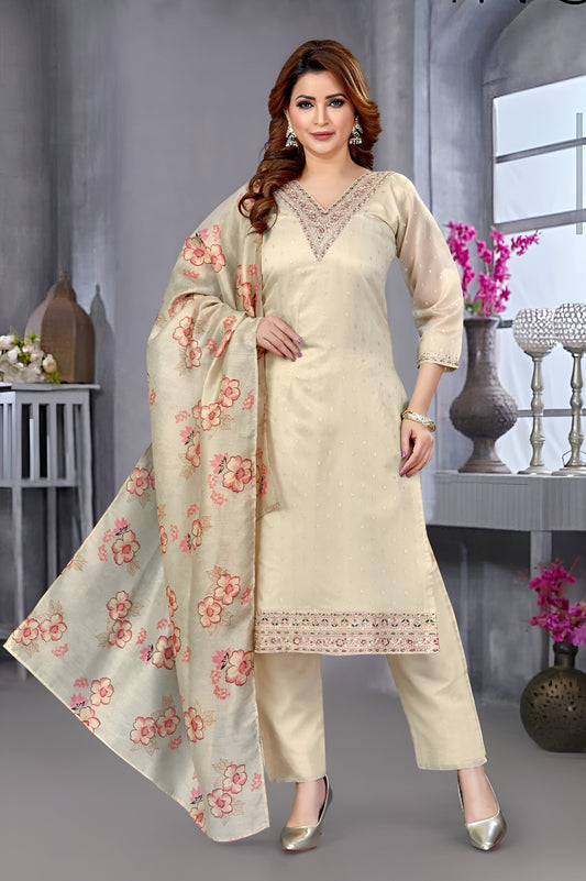 Cream Embroidered Suit with Floral Dupatta.