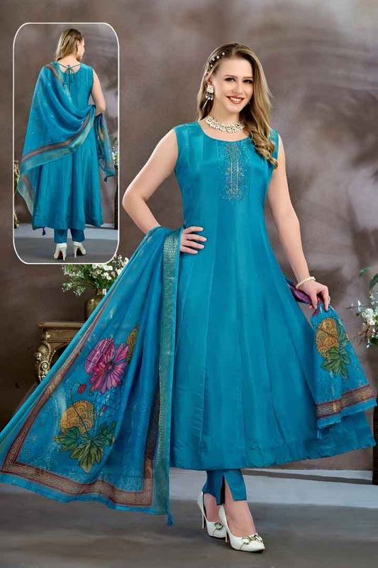 Blue Flared Anarkali Suit with Floral Dupatta