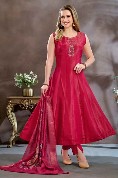 Maroon Flared Anarkali Suit with Embroidered Neck & Printed Dupatta