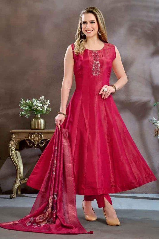 Maroon Flared Anarkali Suit with Embroidered Neck & Printed Dupatta