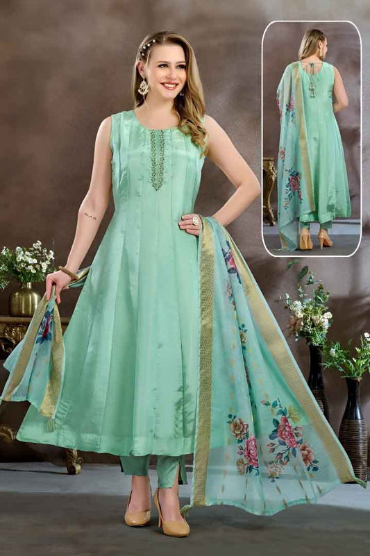 Mint Green Flared Anarkali Suit with Floral Dupatta & Straight Pant