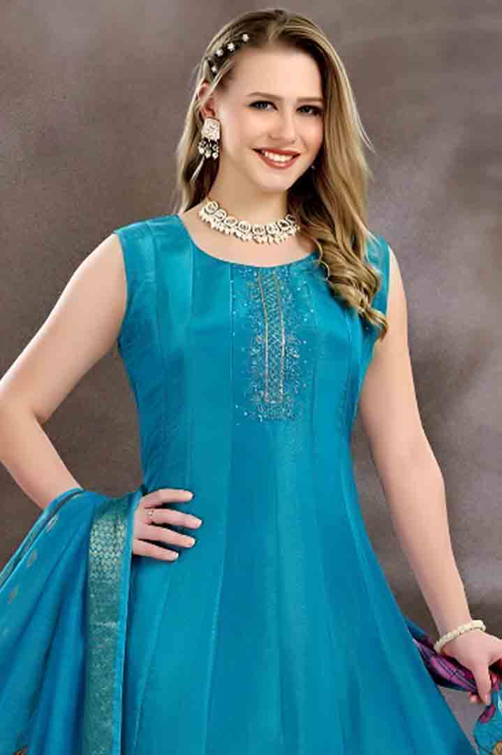 Blue Flared Anarkali Suit with Floral Dupatta