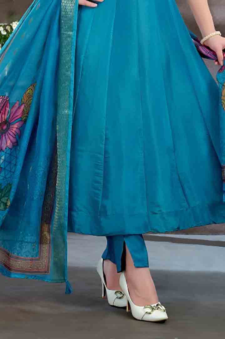 Blue Flared Anarkali Suit with Floral Dupatta