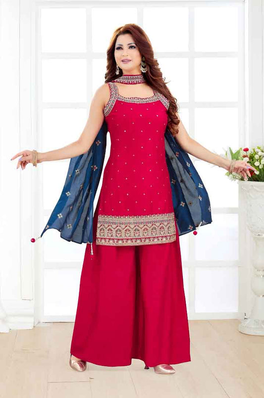 Red Embroidered Palazzo Suit with Navy Blue Dupatta