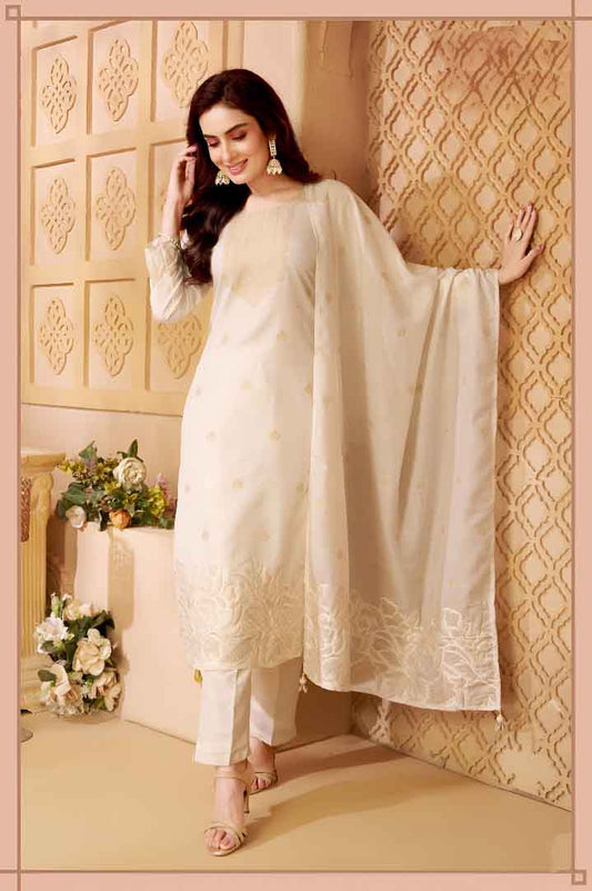 Elegant Ivory White Embroidered Straight Suit Set with Dupatta