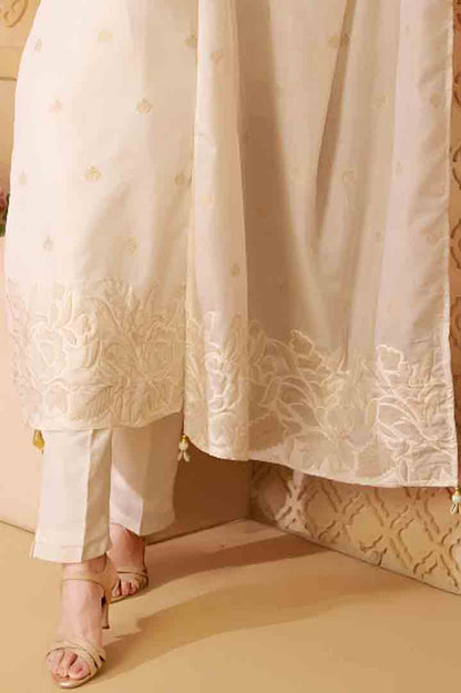 Elegant Ivory White Embroidered Straight Suit Set with Dupatta