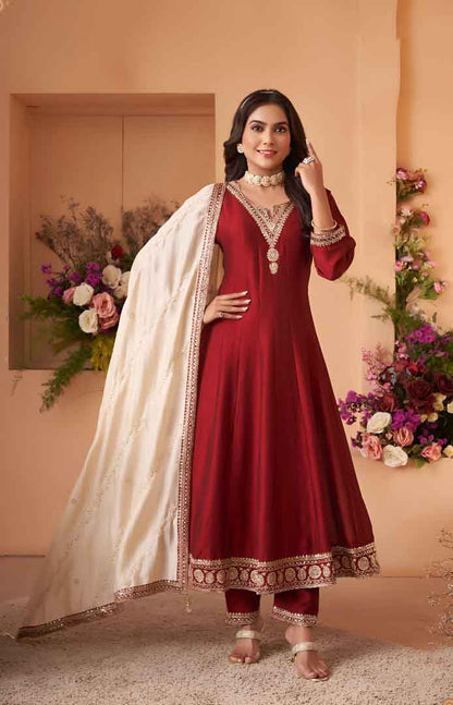 Maroon Embroidered Anarkali Suit with Ivory Dupatta