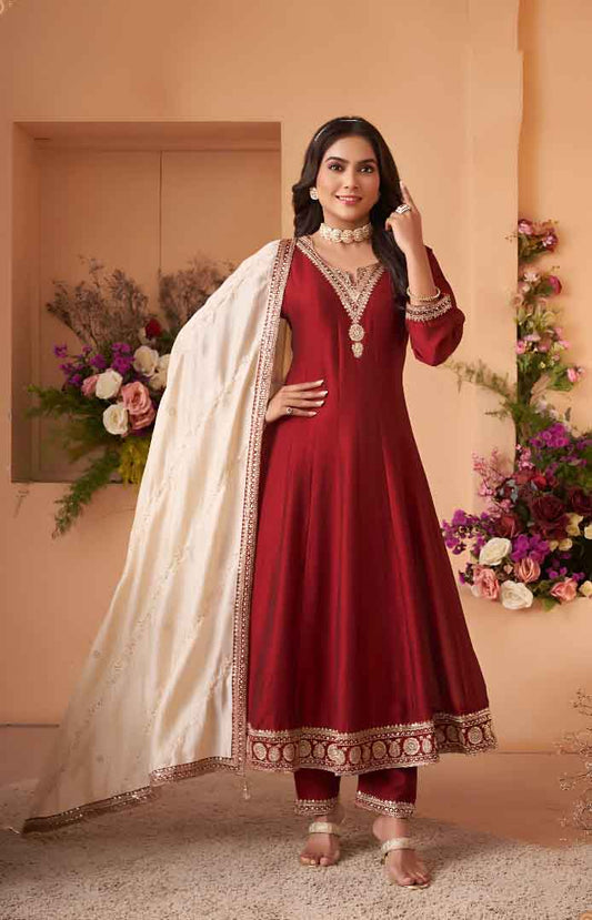 Maroon Embroidered Anarkali Suit with Ivory Dupatta