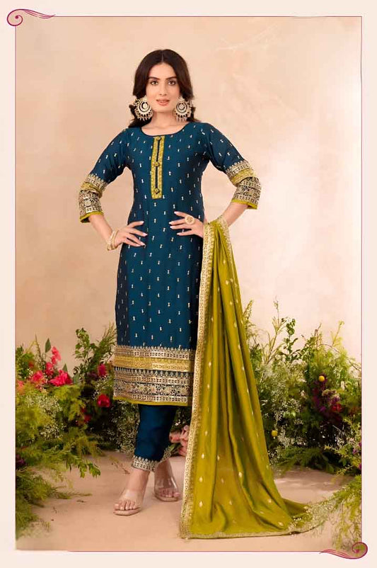 Teal Blue Embroidered Suit Set with Contrasting Olive Dupatta