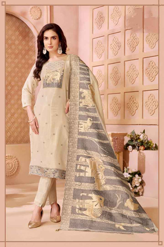 Beige Printed Straight Suit Set with Traditional Elephant Motif Dupatta