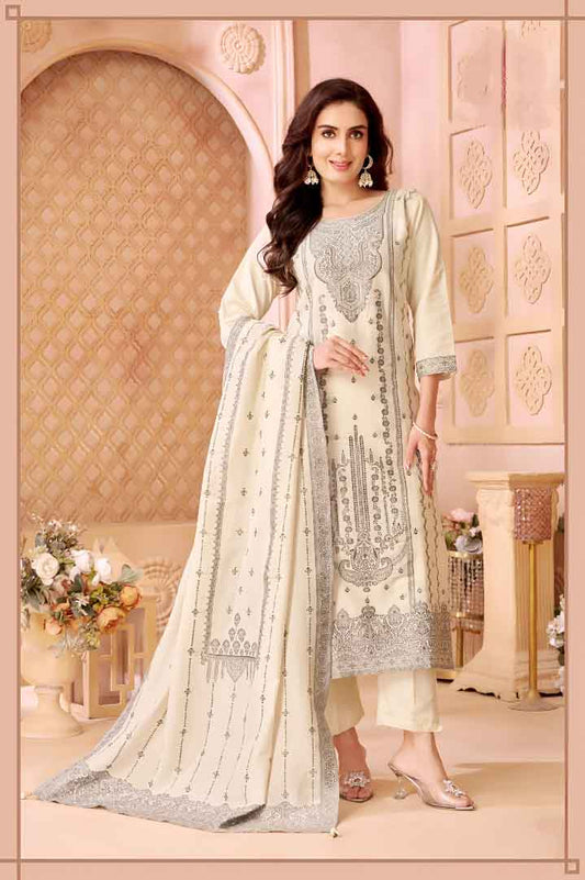 Ivory Embroidered Straight Suit with Grey Dupatta Detailing