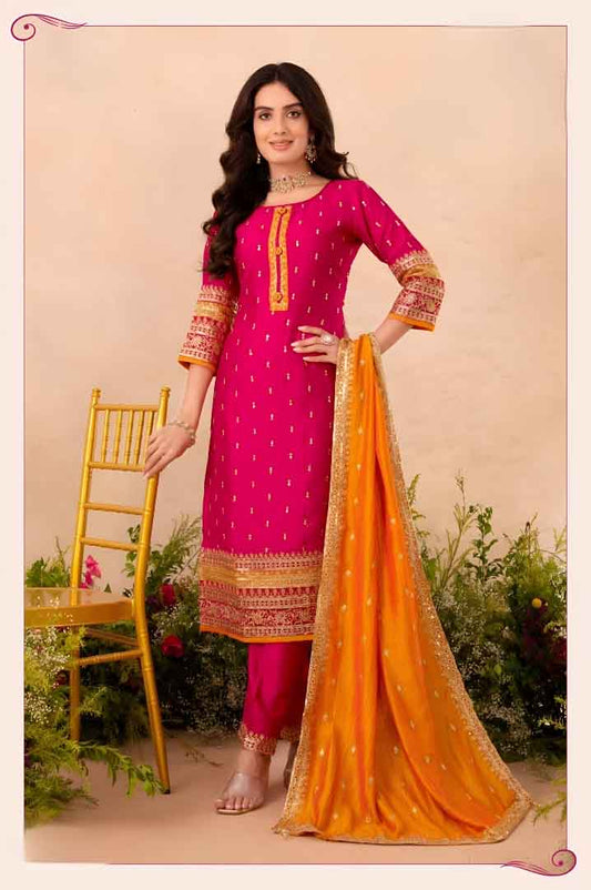 Pink Embroidered Suit Set with Contrasting Orange Dupatta