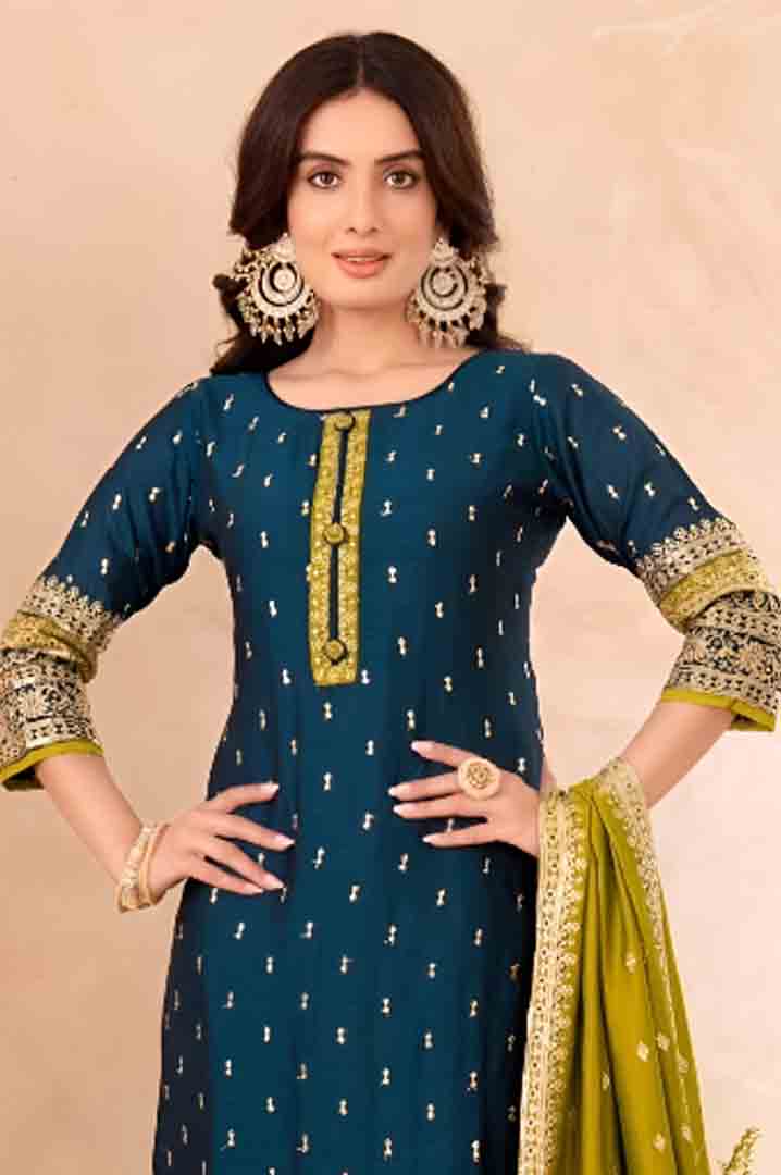 Teal Blue Embroidered Suit Set with Contrasting Olive Dupatta