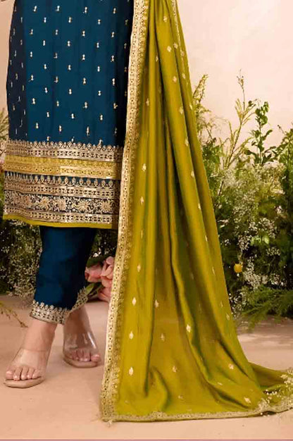 Teal Blue Embroidered Suit Set with Contrasting Olive Dupatta