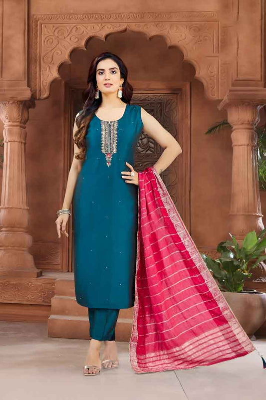 Teal Embroidered Straight Kurta Set with Rani Pink Banarasi Dupatta