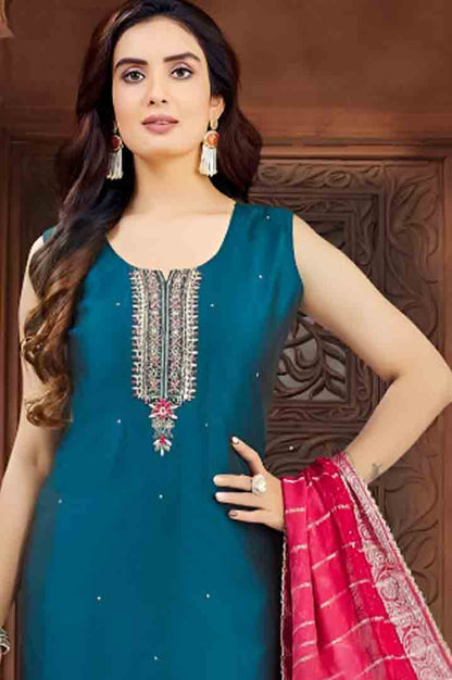Teal Embroidered Straight Kurta Set with Rani Pink Banarasi Dupatta