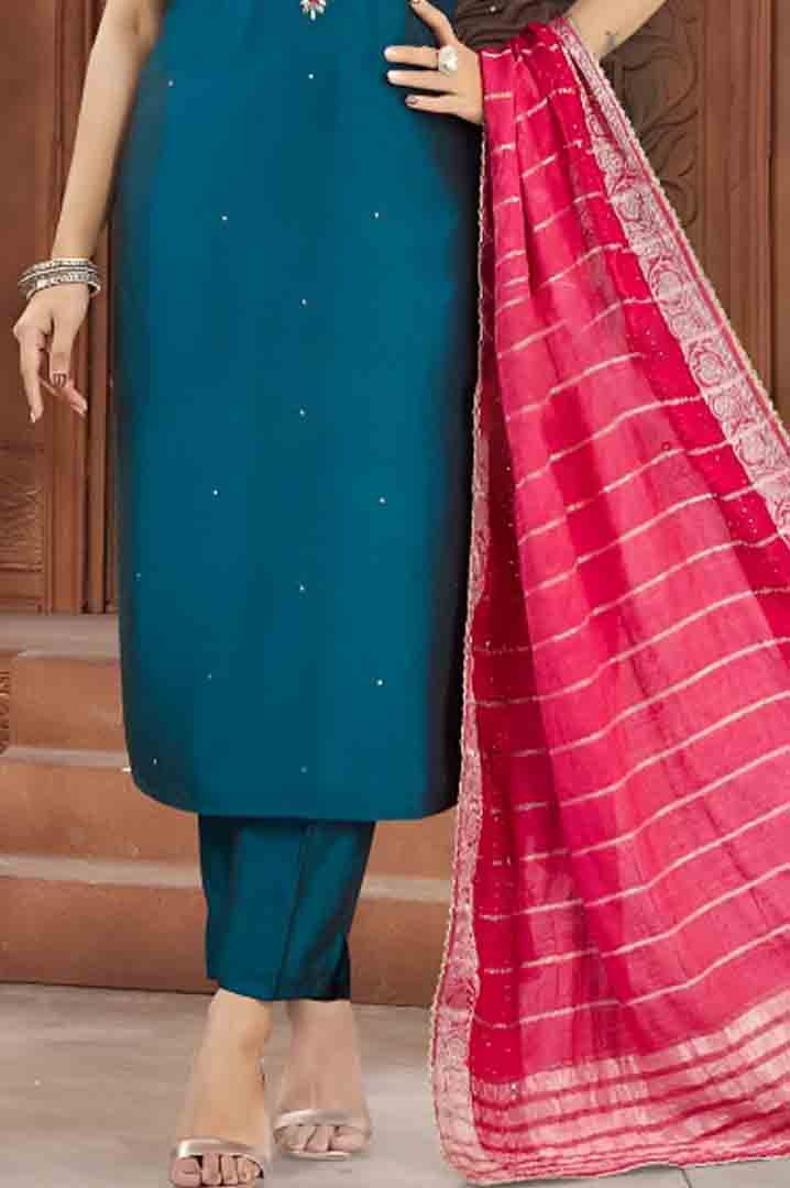 Teal Embroidered Straight Kurta Set with Rani Pink Banarasi Dupatta