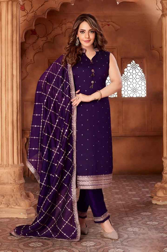 Purple Embroidered Suit Set with Net Dupatta