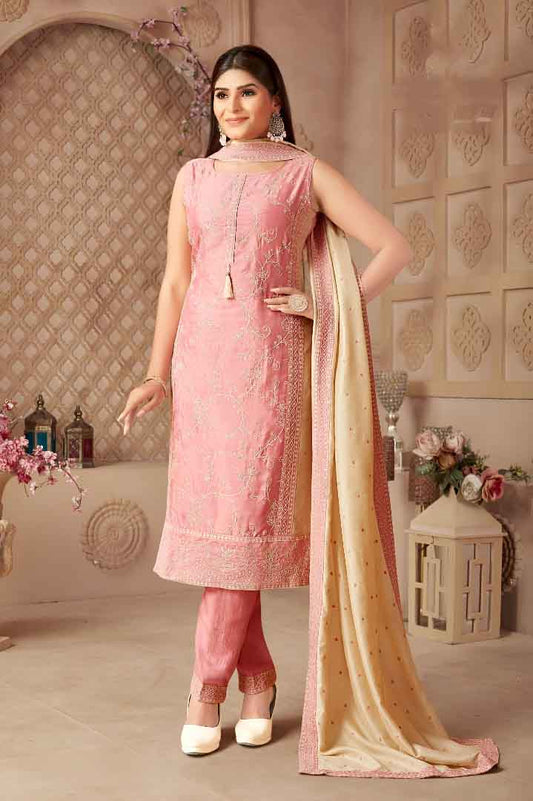 Pink Embroidered Straight Suit with Beige Dupatta