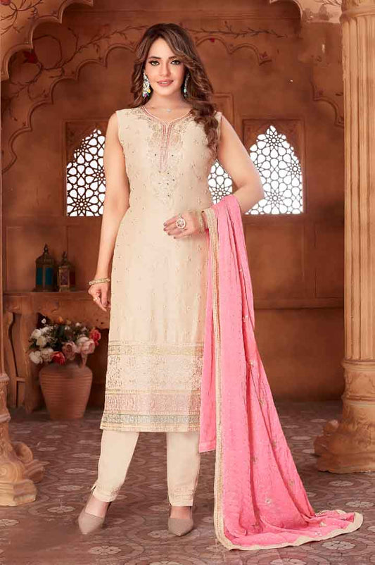 Beige Embroidered Sleeveless Suit Set with Pink Dupatta