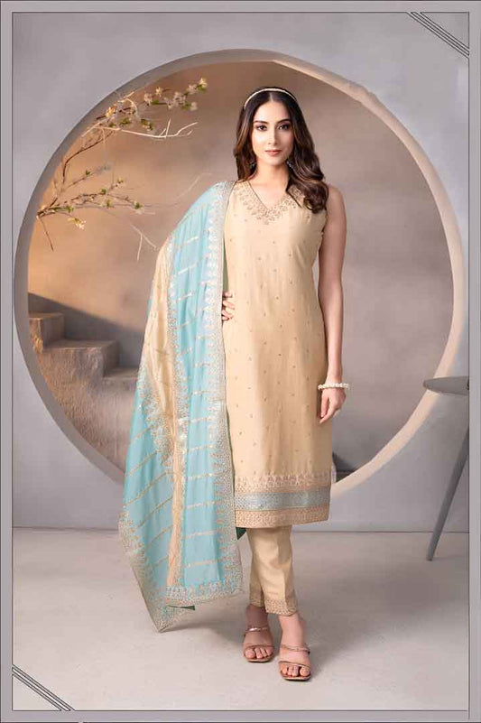 Beige Straight Suit with Sky Blue Embroidered Dupatta
