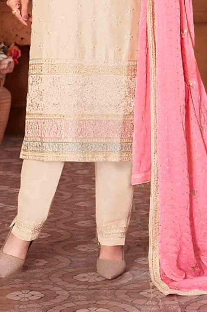 Beige Embroidered Sleeveless Suit Set with Pink Dupatta